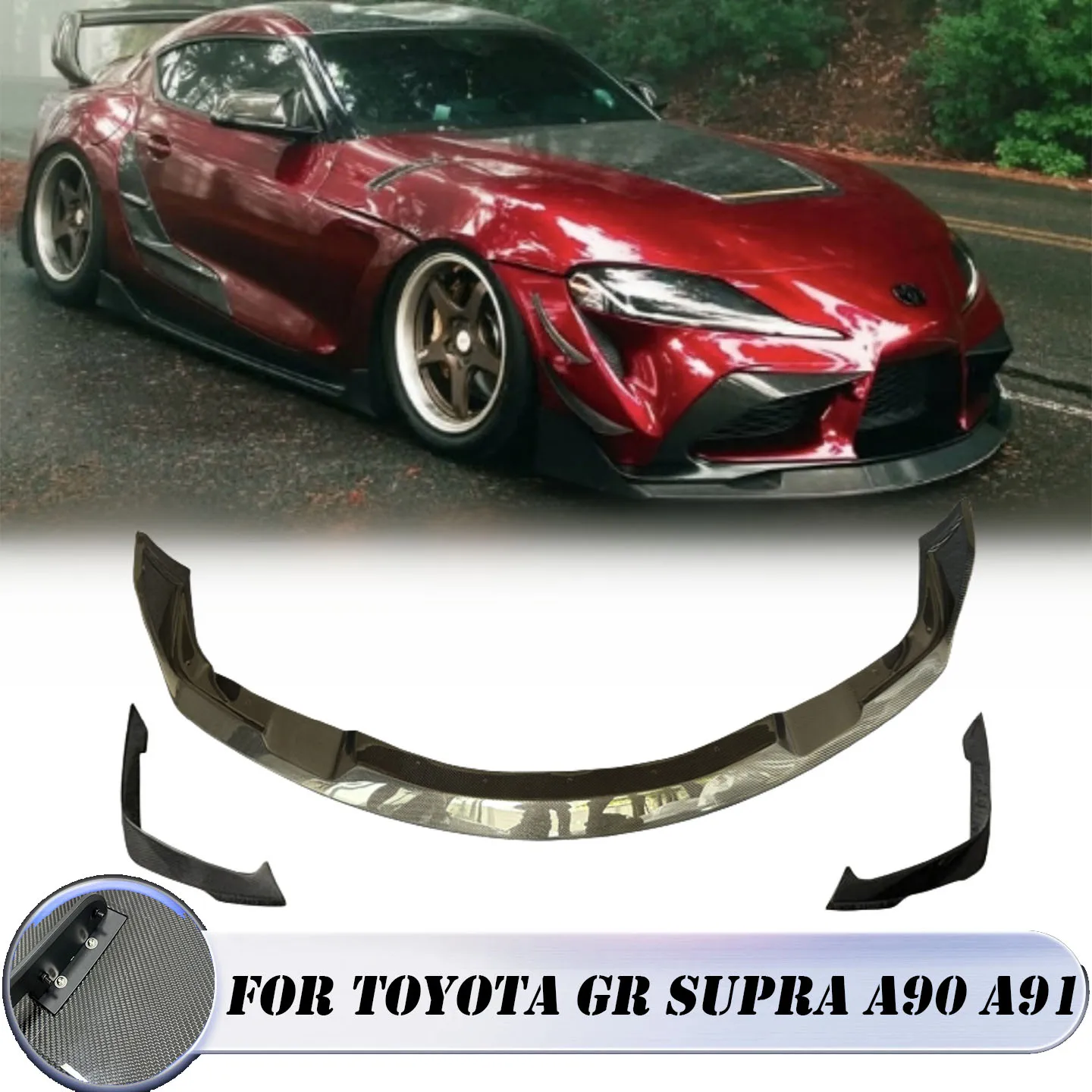 

Для Toyota Supra GR A90 A91 MK5 2019+ карбоновый сплиттер переднего бампера, накладка на передний бампер, спойлер-канарды