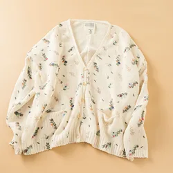 Dolce Kawaii colorato fiori di grano stampa maglione lavorato a maglia Cardigan donna primavera autunno scollo a v manica lunga Casual sciolto top