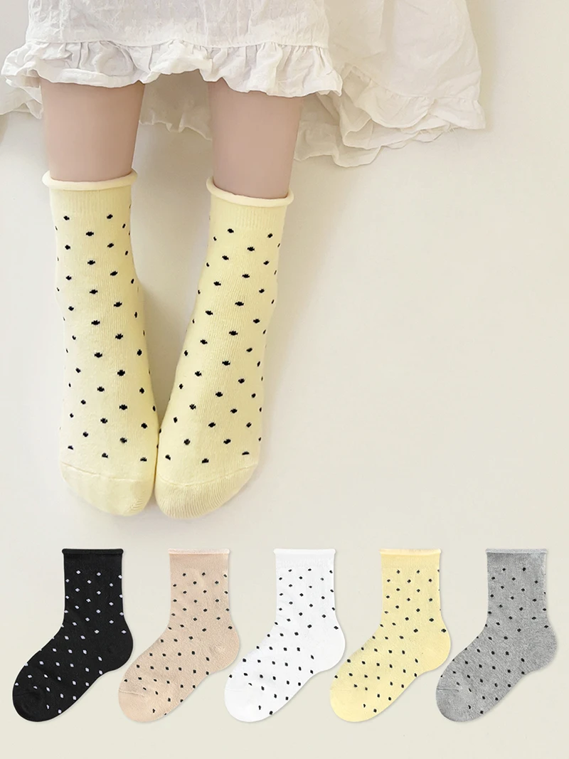 MILANCEL 5 Pairs a Lot New Children's Socks Autumn/Winter Girls Solid Color Polka Dot Rolled Edge Socks Girls Mid Tube Socks