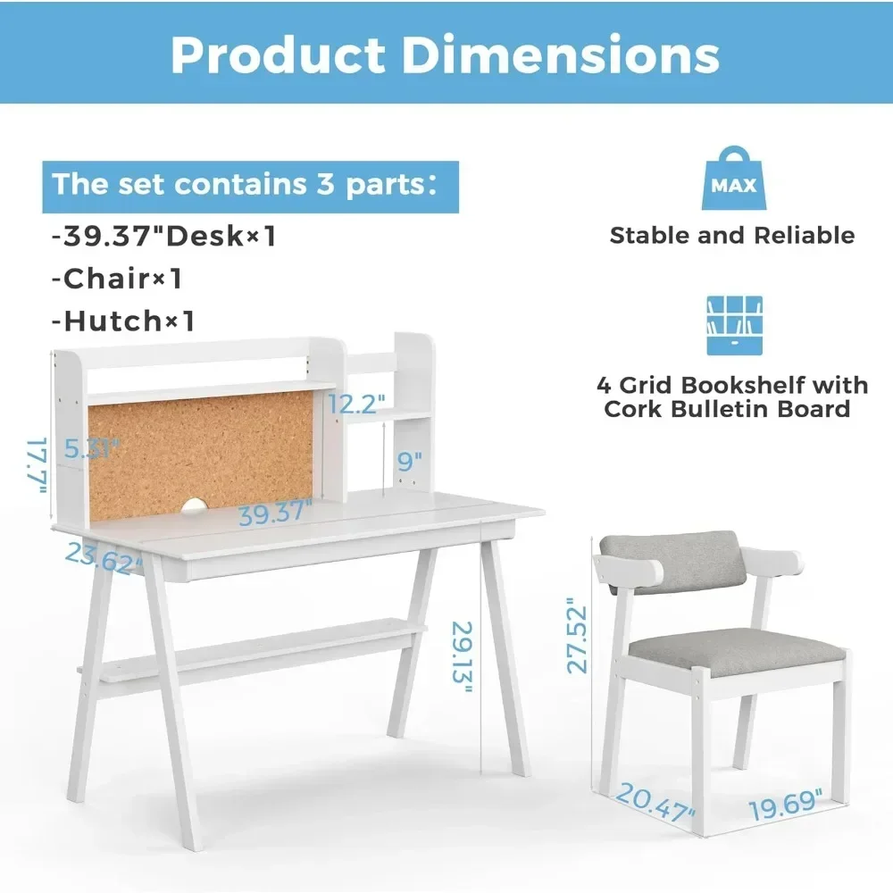 Bureau pour enfants, ensemble bureau et chaise 39.37 pouces, liège blanc avec égouts de proximité, bureau pour enfants