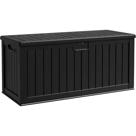 Resin Deck Box 250 Gallon, Waterproof Imitation-Wood Lockable Storage Box with Separator Plate Outdoor Indoor, Garden, Patio Fu