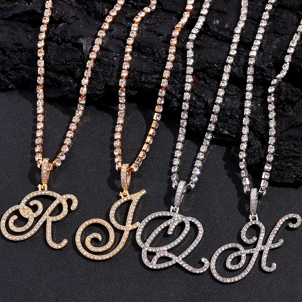 Flatfoosie Fashion A-Z Cursive Letter Crystal Chain Necklace For Women Bling Iced Out Initial Pendant Necklace Hip Hop Jewelry