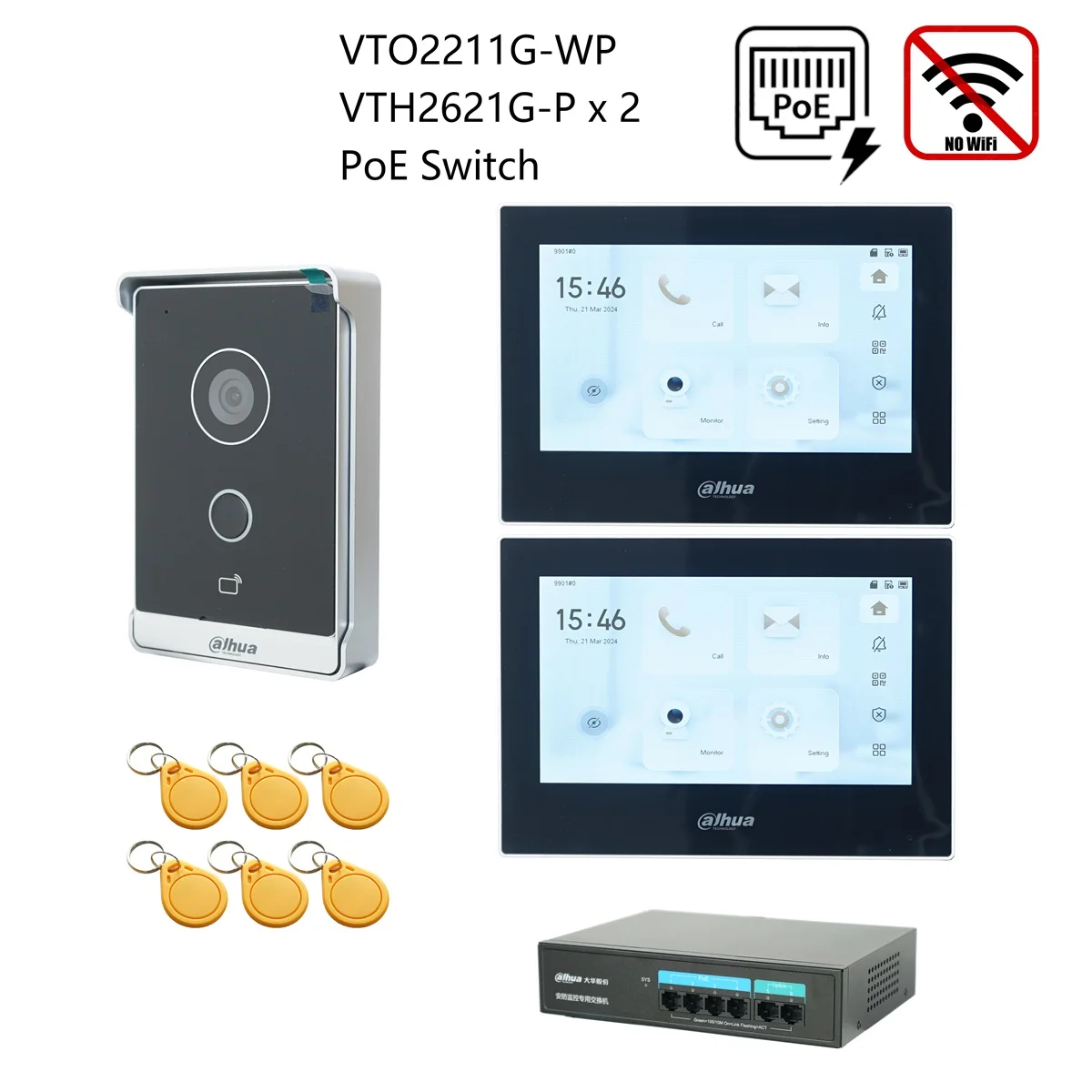Dahua originele IP Video Intercom KIT, VTO2211G-WP & VTH2621G-P & PoE schakelaar, ondersteuning telefoon app, RFID Card Ontgrendelen