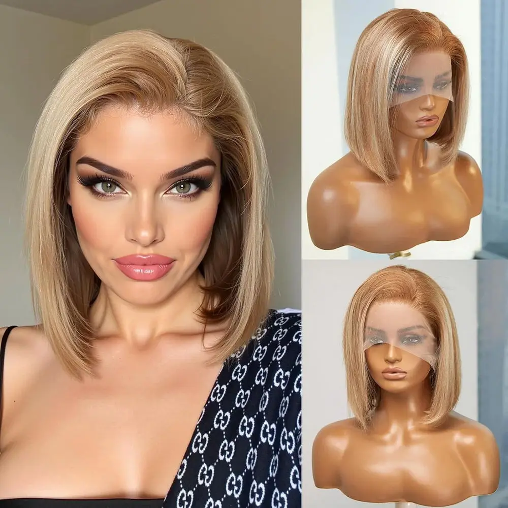 جميل بوب الطبيعية مستقيم الاصطناعية الدانتيل أعلى الباروكات تسليط الضوء على قصيرة العسل شقراء فوتورا شعر مستعار المصنع الأصلي ألياف سمراء #5