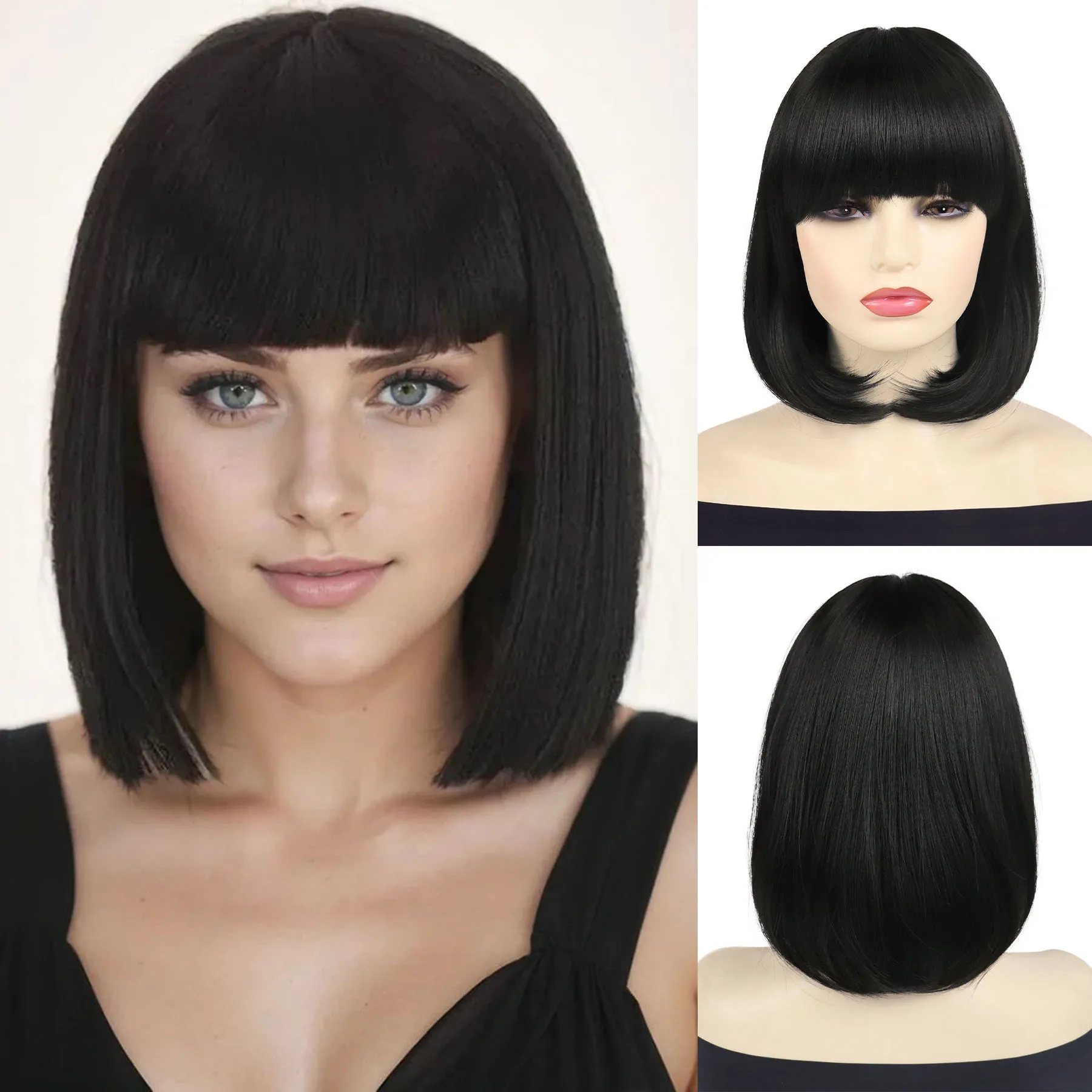 

GNIMEGIL Synthetic Natural Black Straight Wigs for Women Short Haircuts Bob Wig with Bangs Daily Party Use Casual Wig for Mother