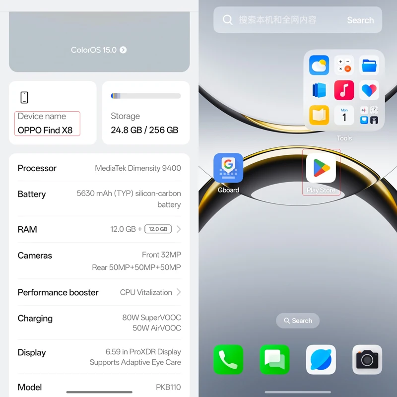 Oppo-find x8 5g電話、16GB RAM、50.0mpカメラ、6.59インチAMOLED、120hz、50Wワイヤレス充電、次元9400、ota、5630mah、Android 15.0、新規