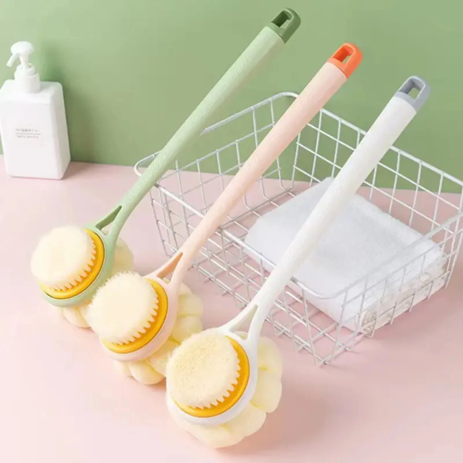 Brosse de bain double face à long manche, épurateur de dos en nylon souple, brosse de bain 2 en 1