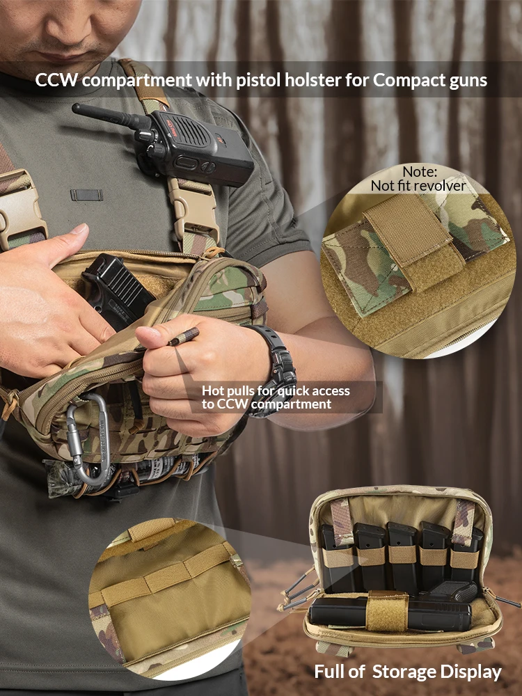 Bolsa de pecho táctica EDC, práctica bolsa de equipo de pecho Molle de 2L con compartimento CCW, correa ajustable adecuada para exteriores