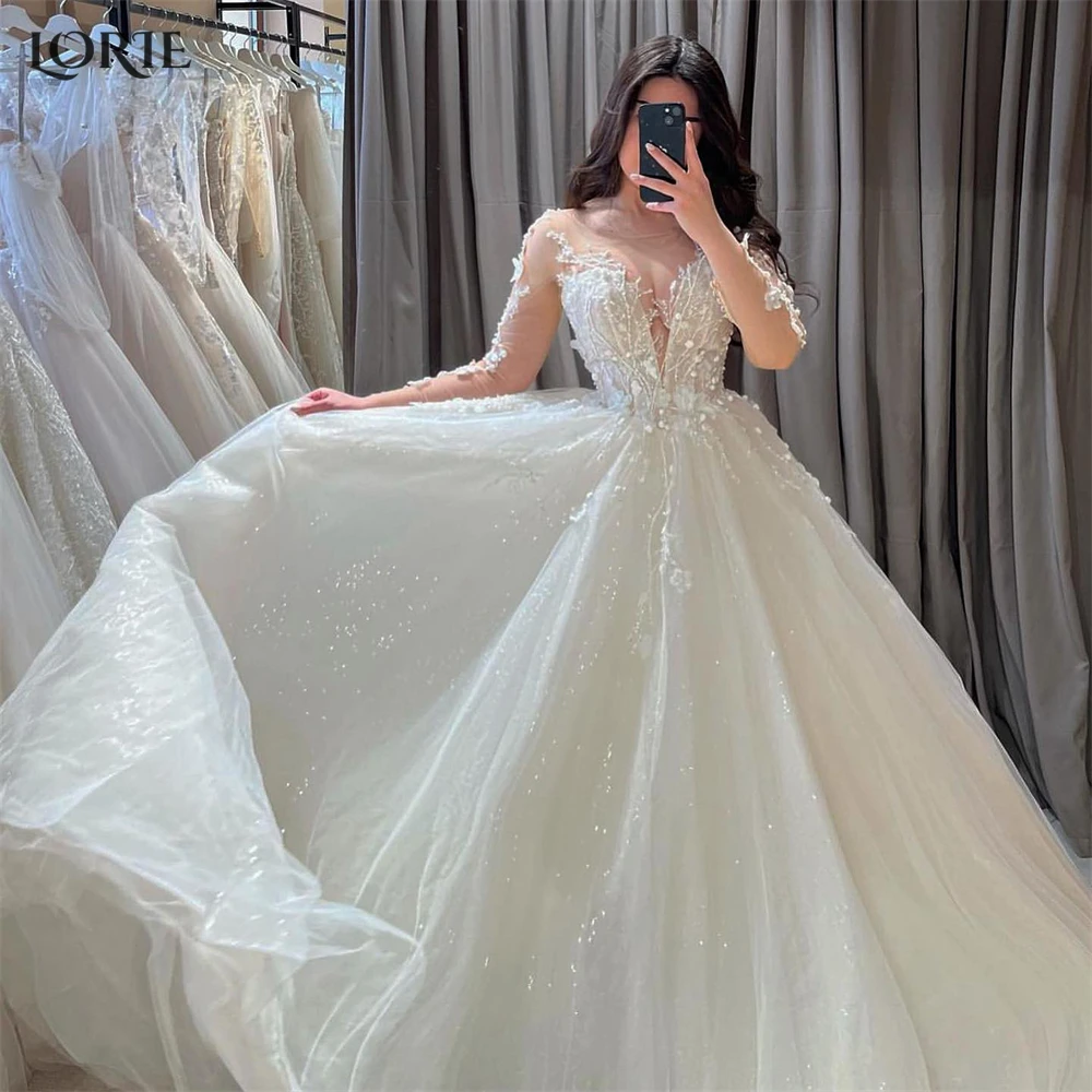 Lorie vintage glitte rendas vestidos de casamento apliques manga longa com decote em v a linha vestido de noiva flor princesa vestido de noiva