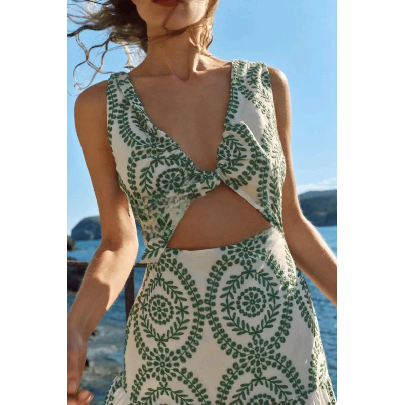 

Spring New Knot Hollow out Embroidery Svel V-ne Dr Commute Loose Waist Polyester Fiber Summer Long Dr