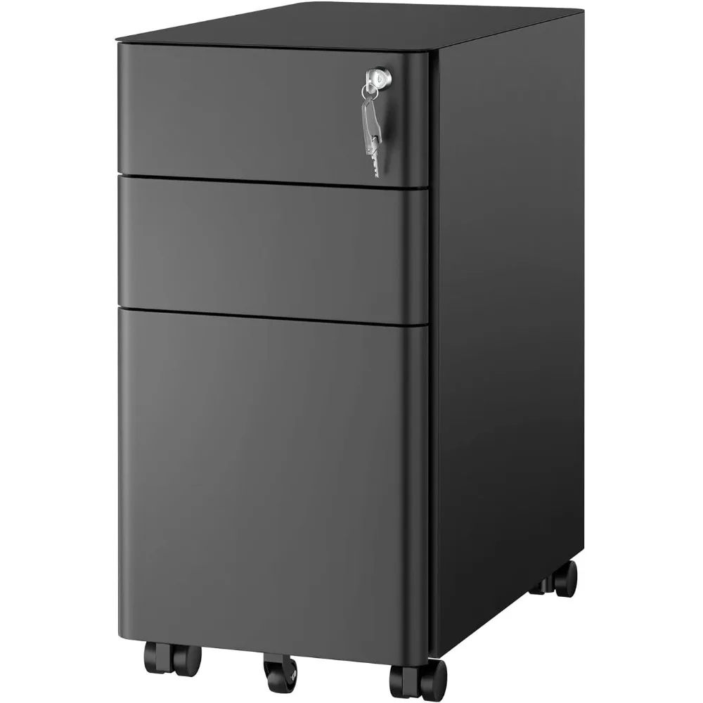 

Slim Rolling Under Desk Cabinet, Mobile Filing Cabinet with 3 Drawers and Lock for Home & Office Storage