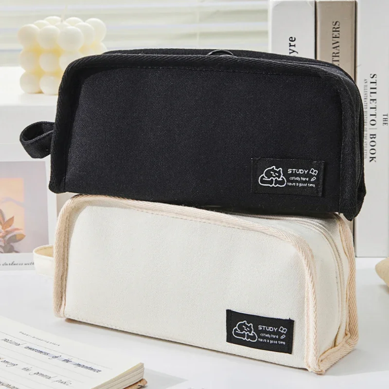 Ins Simplicity Pencil Case Solid Color White Black Canvas Pencil Bag High Capacity Stationery Storage Bag School Student Supply