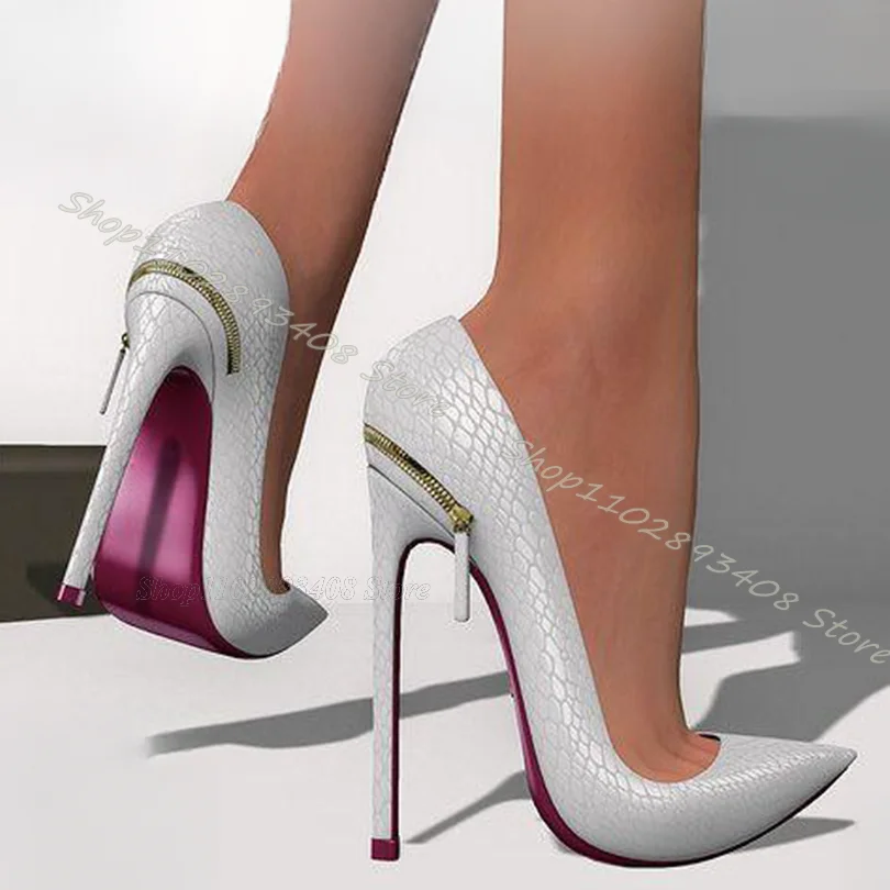 White Zipper Decor Pumps Pointed Toe Solid Stiletto Heels Shoes Spring British Style Dress Party Women Pumps Zapatos Para Mujere