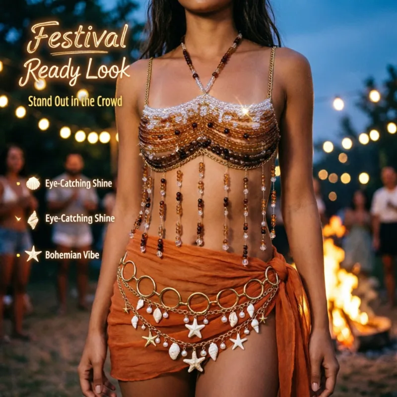 Beaded Bra Chain Top Crystal Pearl Body Chain Boho Belly Dance Festival Beach Club Jewelry Crop Top Women Summer Costume