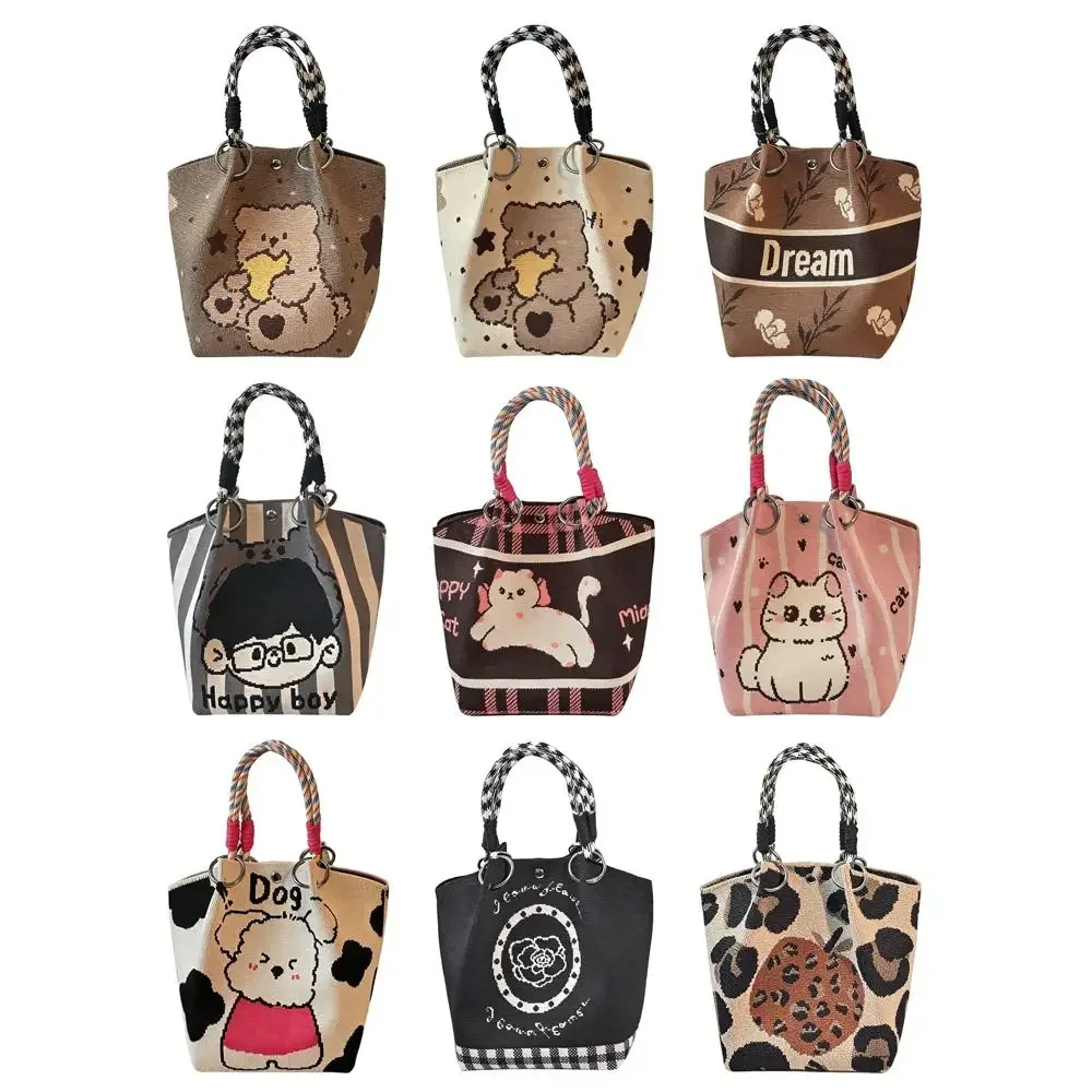 

Portable Cartoon Knitted Bucket Bag Large Capacity Woven Ring Buckle Wrist Bag Handmade Shoulder Bag for Women Girls