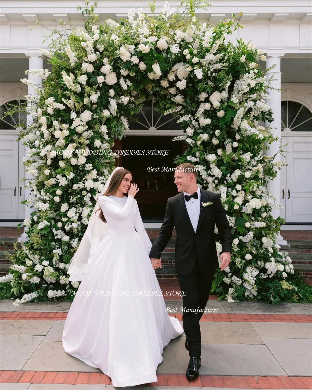 MODX Modest Satin A Line Wedding DressesPuff Long Sleeves O-Neck Floor Length Bridal Gowns Country Robe de mariage