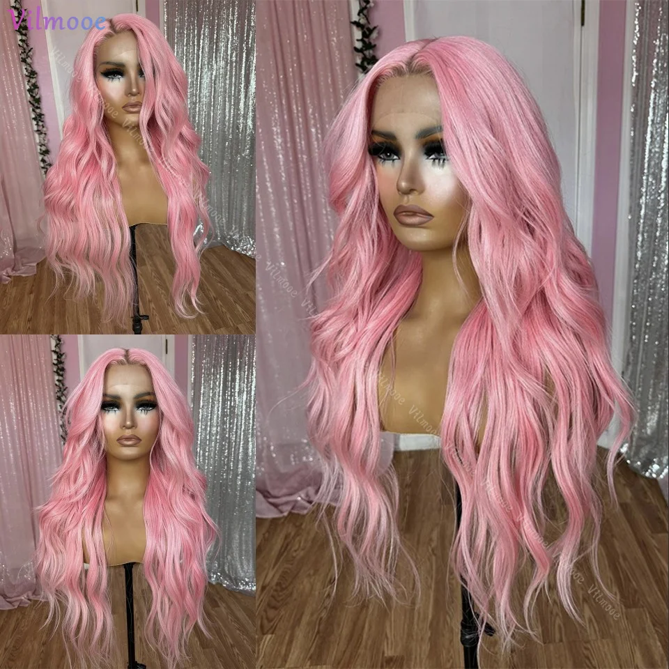 

Pink Hair Synthetic Lace Wig Natural Wave Lace Front Wigs for Women Heat Resistant Fiber Fashion Style Hair Cosplay Daily Wear