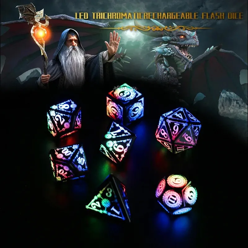 

Набор перезаряжаемых светодиодных кубиков D&D | 7-цветные светящиеся многогранные кубики для DND с зарядным боксом