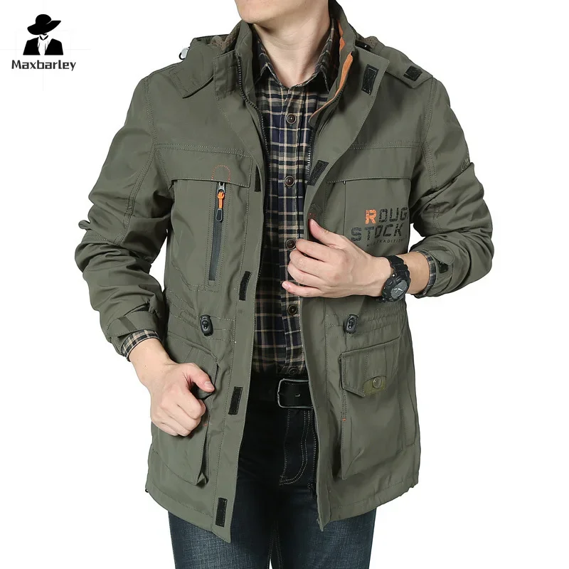 Autumn And Winter Jacket Men\'s Plus Size Mid-length Waterproof Work Hooded Coat Casual Outdoor Camping Fleece-lined Snow Parka