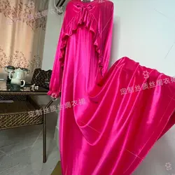 Manga comprida feminina cetim solto vestido maxi, sexy robe de dormir, seda gelo brilhante, babados