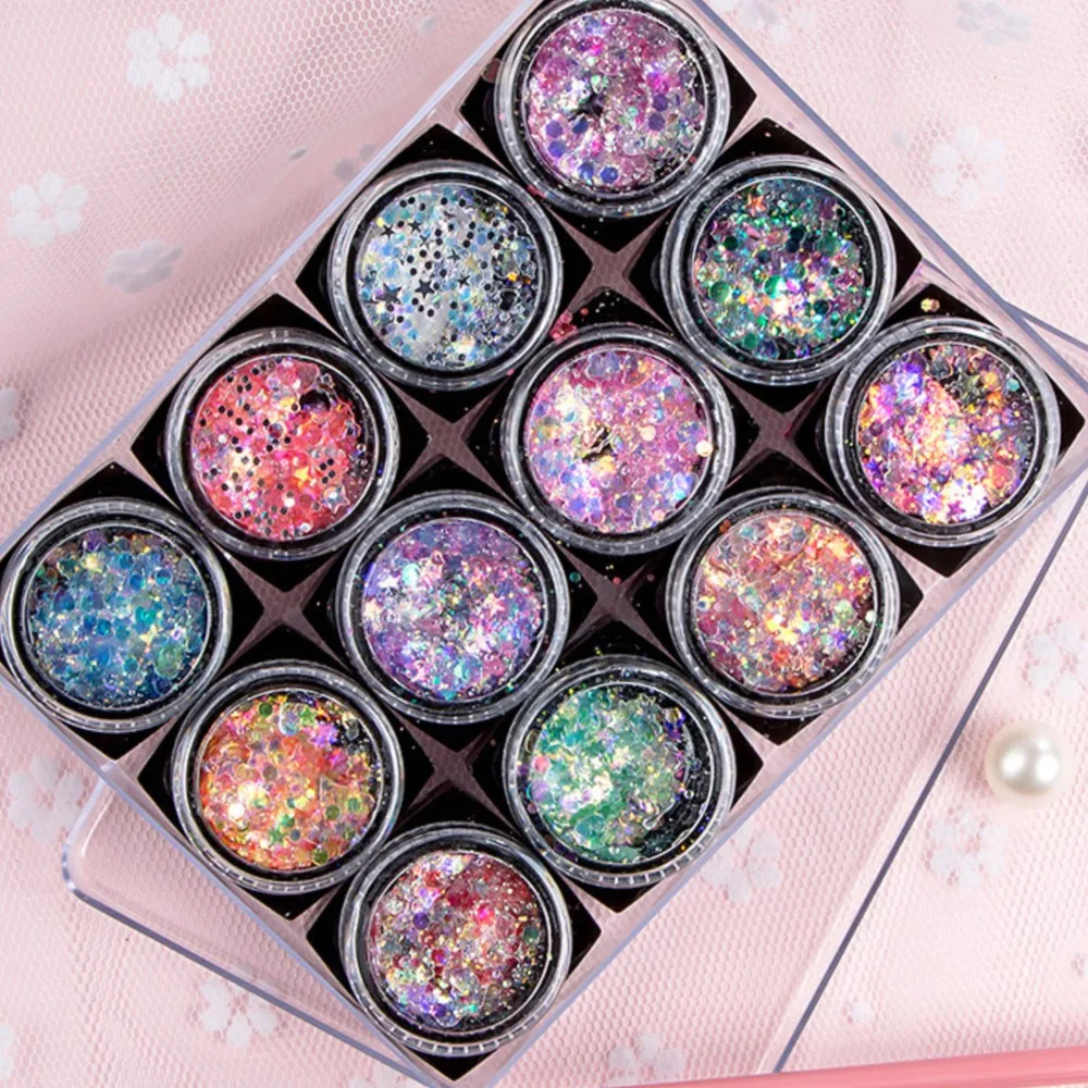 12 Farben Lidschatten Gel Glitter funkeln Lidschatten Pailletten glänzend für Bühnen party & Performance Make-up Glitter Musik Festival Pailletten