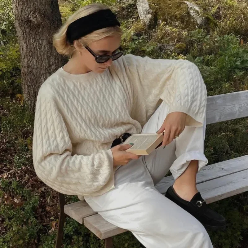 Loose Cashmere Pullover, Lazy Sweater, Fried Dough, Twists Pattern, Round Neck, Natural Relaxation, Nordic 2024