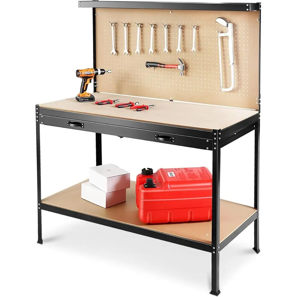 Robuste 61-Werkbank mit Schubladen, Regal und Stecktafel, 300 Pfund Tragkraft für Garage, Holzbearbeitung, Heimbüro