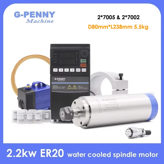 Zestaw wrzeciona chłodzonego wodą G-Penny 2,2 kW ER20 Wrzeciono chłodzone wodą oraz VFD 2,2 kW oraz wspornik wrzeciona 80 mm i pompa wodna 75 W