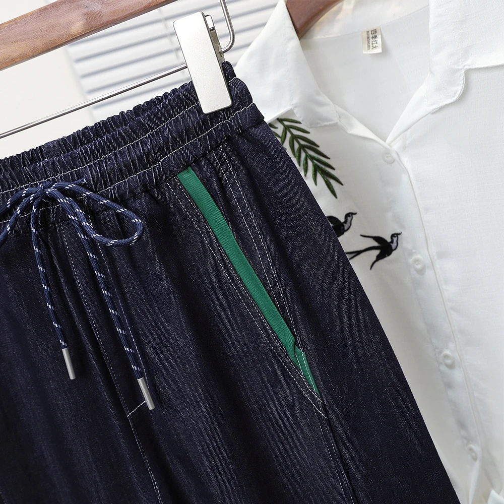 Femmes été bleu profond Denim pantalon taille élastique ample cheville longueur jean polyvalent femme loisirs déplacements pantalons longs L-3XL