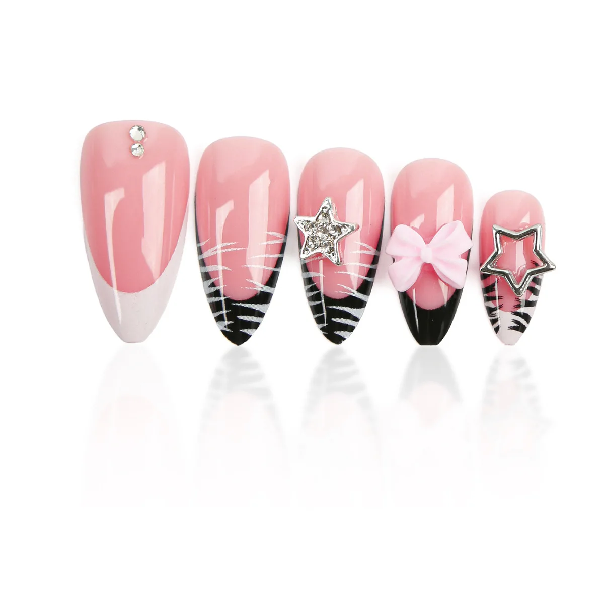 24 pz Y2k Zebra-stampato Stile Francese Unghie Finte Bordo Bianco Stella di Metallo Rosa Bowknots Presse sulle Unghie Dolce Fresco Mandorla Unghie Finte