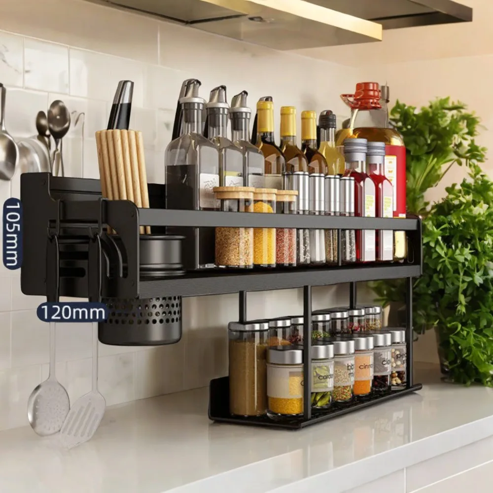 Stylish Double-Layer Wall-Mounted Kitchen Organizer for Seasonings, Spices, Chopsticks, Spoons, and Shovels - Efficient and Spac