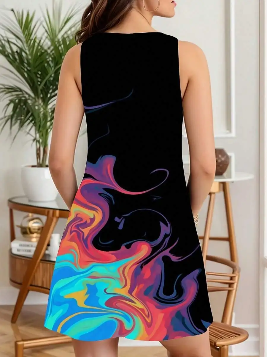 

Women Sleeveless Dress Colorful Abstract Print Summer Party Dress