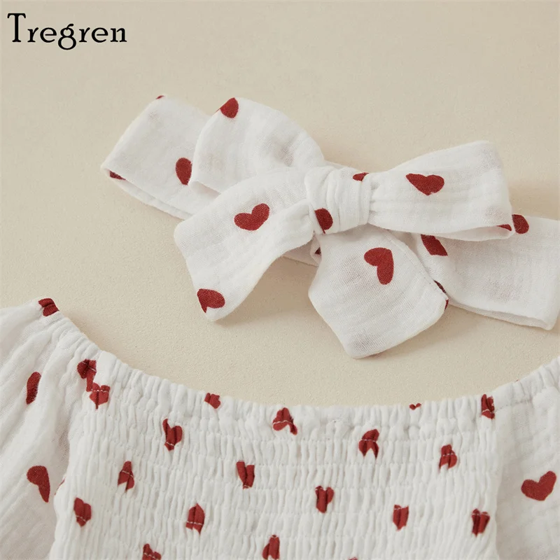 Tregren Infant Baby Girls Valentine\'s Day Romper Heart Print Long Sleeve Boat Neck Jumpsuits Spring Fall Bodysuits with Headband