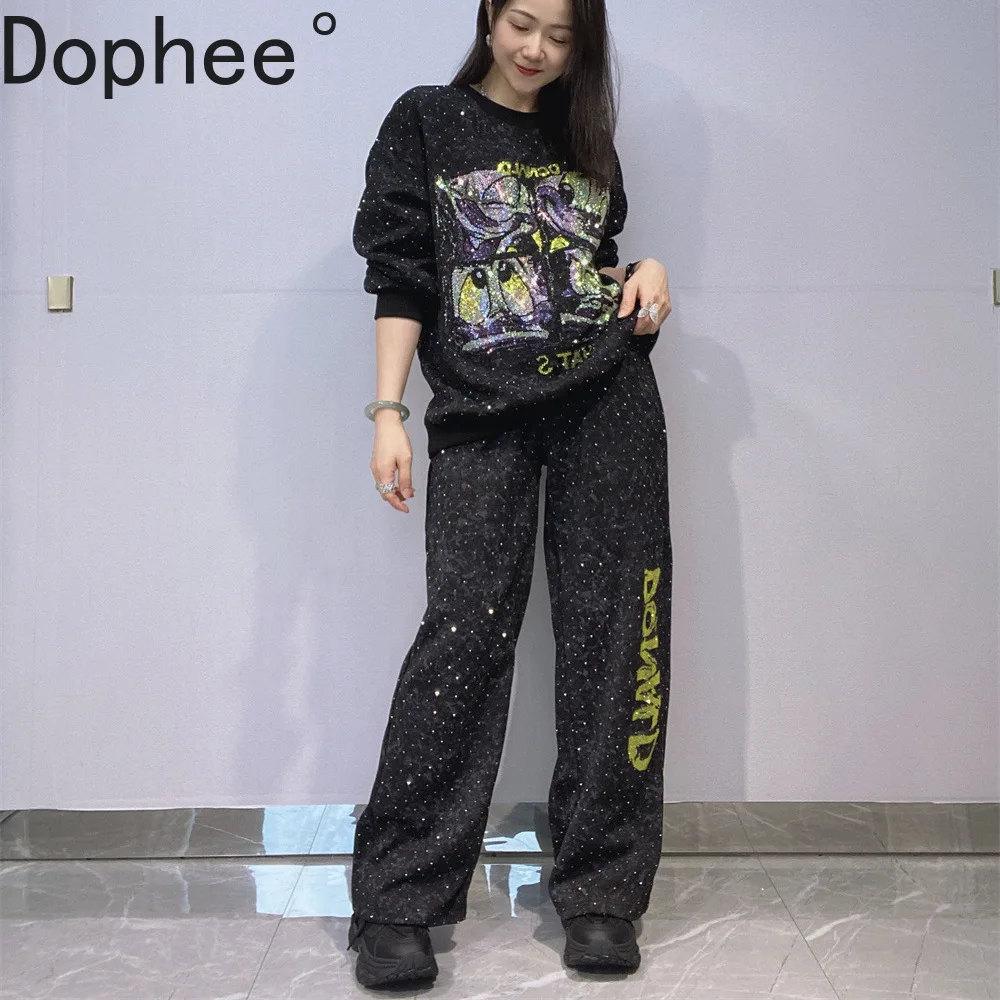 New Autumn Winter Casual Women Two-piece Set Cartoon Hot Drilling Long Sleeve Hoodie Top + Elastic Waist Wide Leg Straight Pants