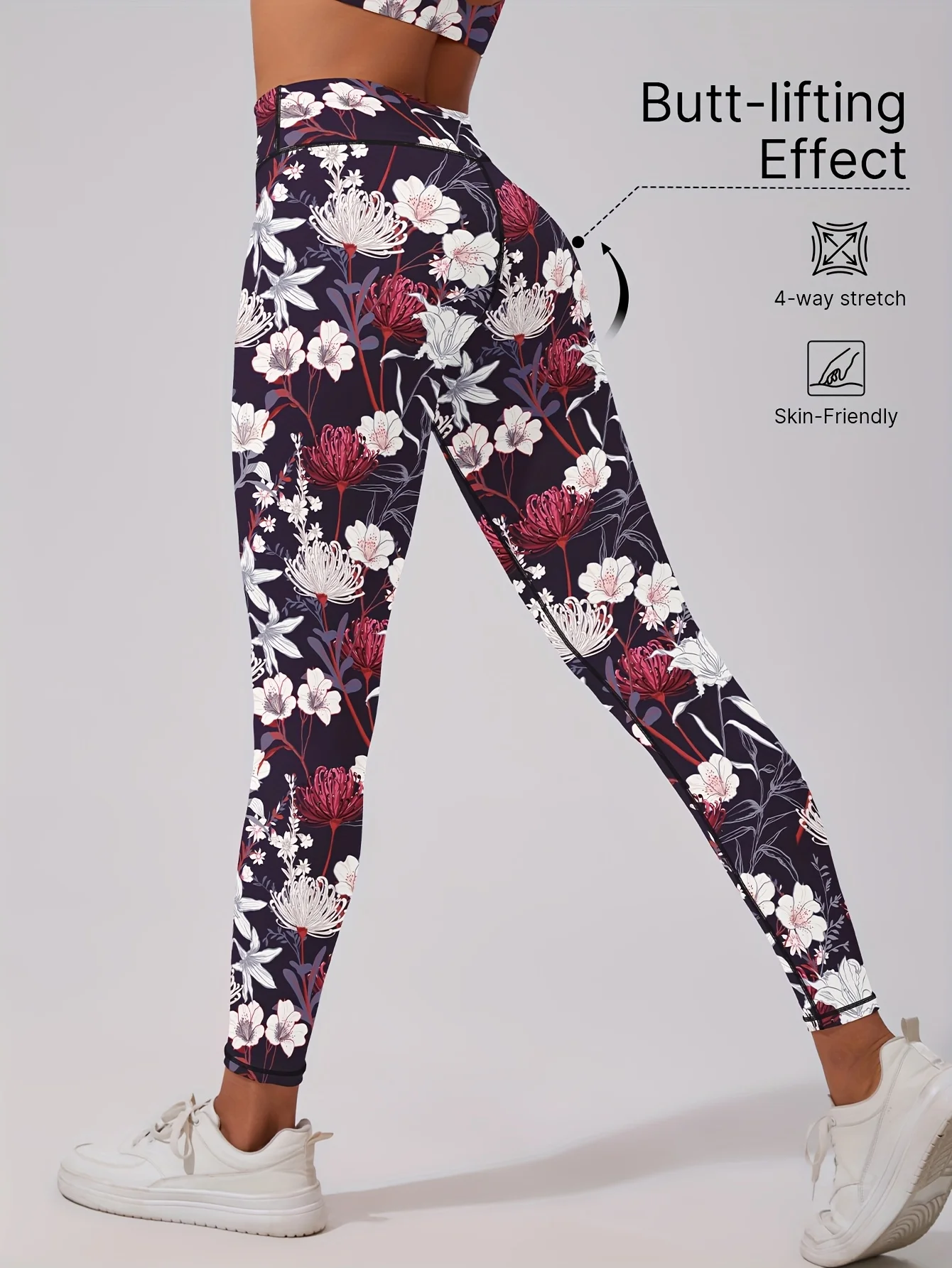 Women Mid Waist Fleece Lined Leggings Dark Base Red White Floral Print Slim Fit Thermal Winter Pants