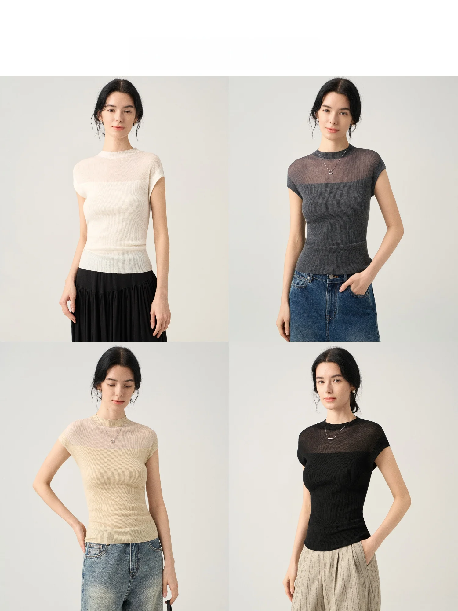 

Женский вязаный свитер RiQiaYaJi: легкий, элегантный, с полувысоким воротником, облегающий, с сетчатыми вставками, круглым вырезом и коротким рукавом.