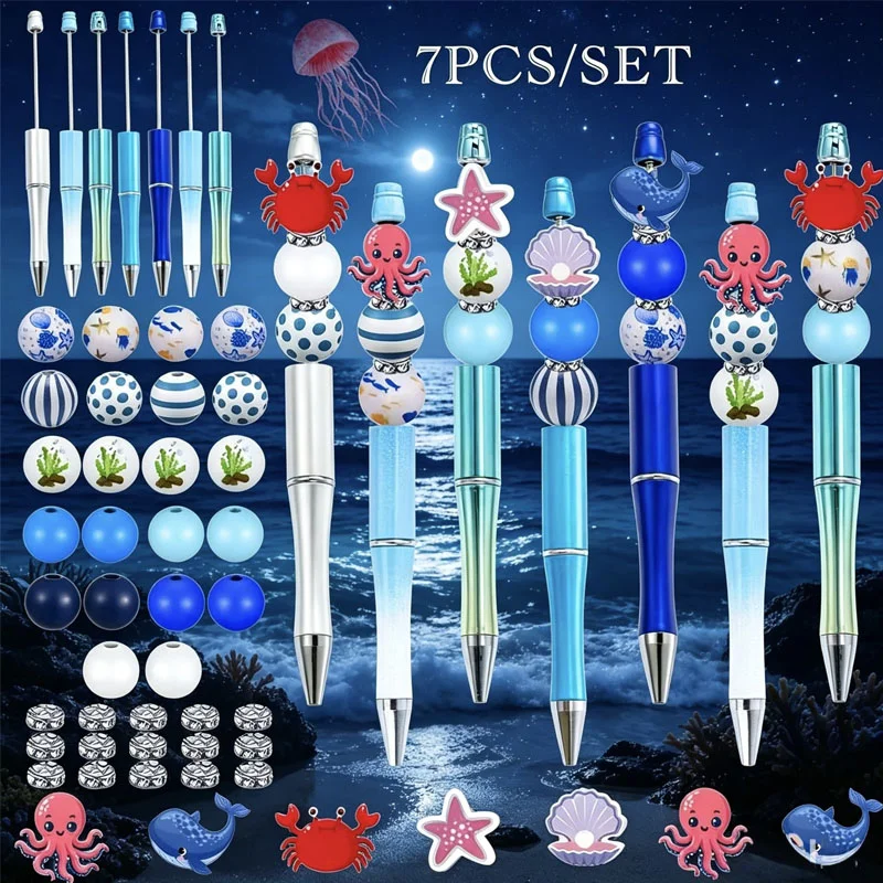 

7Pcs Underwater World Crab Octopus Whale Starfish Shell DIY Bead Ballpoint Pen Set with Wood Beads for School Stationery