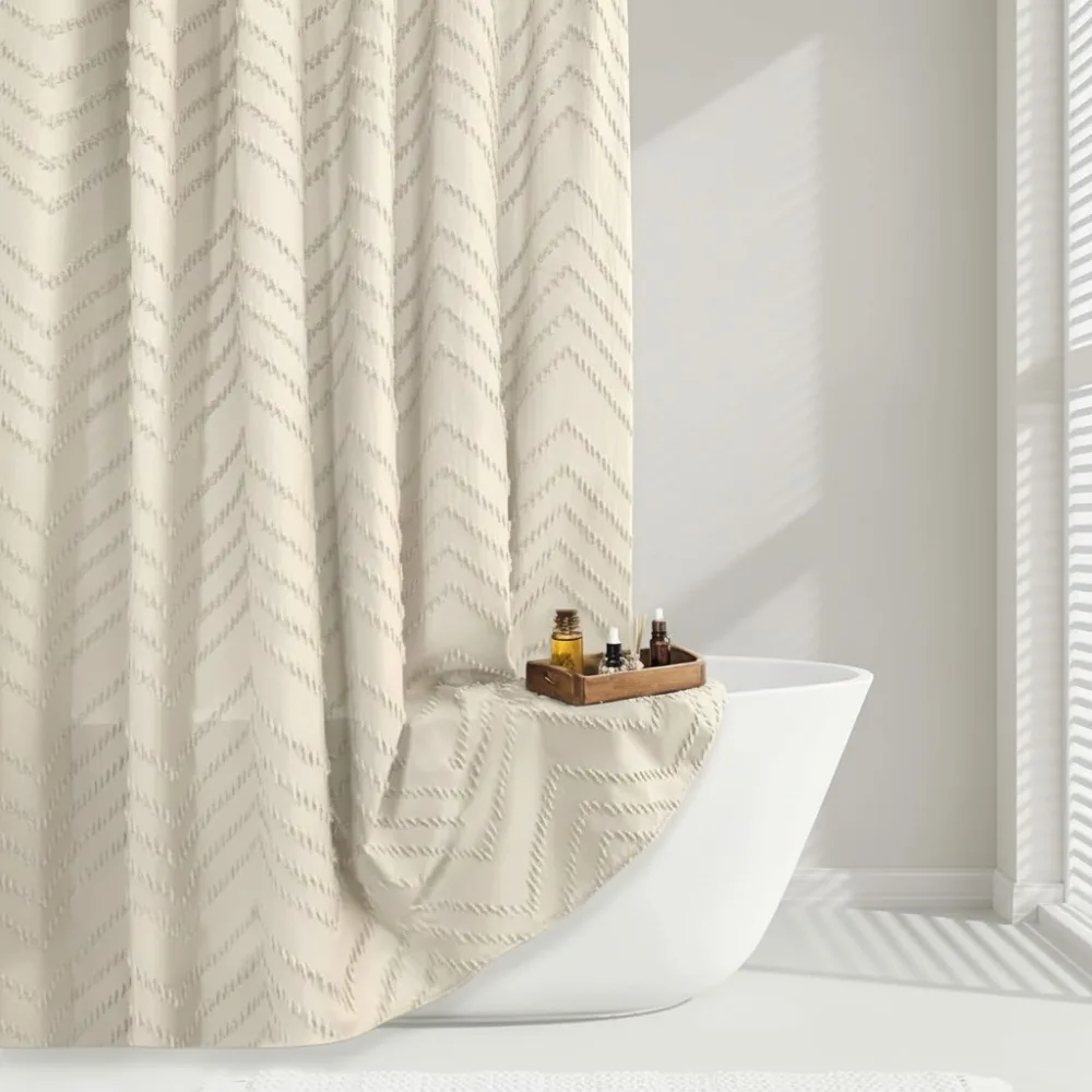 

84 Inch Extra Long Beige Shower Curtain Boho Textured Striped Waterproof Bathroom Decor Modern