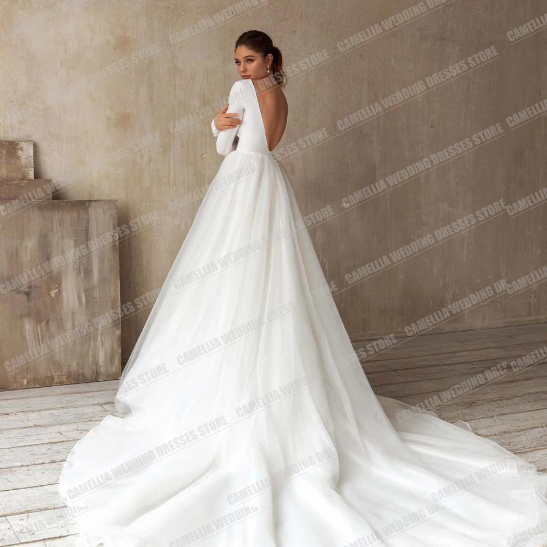 Luxury Elegance A Line abiti da sposa Sexy da donna con scollo A V profondo senza schienale manica lunga abiti da sposa per feste formali Robes Mariée 2024