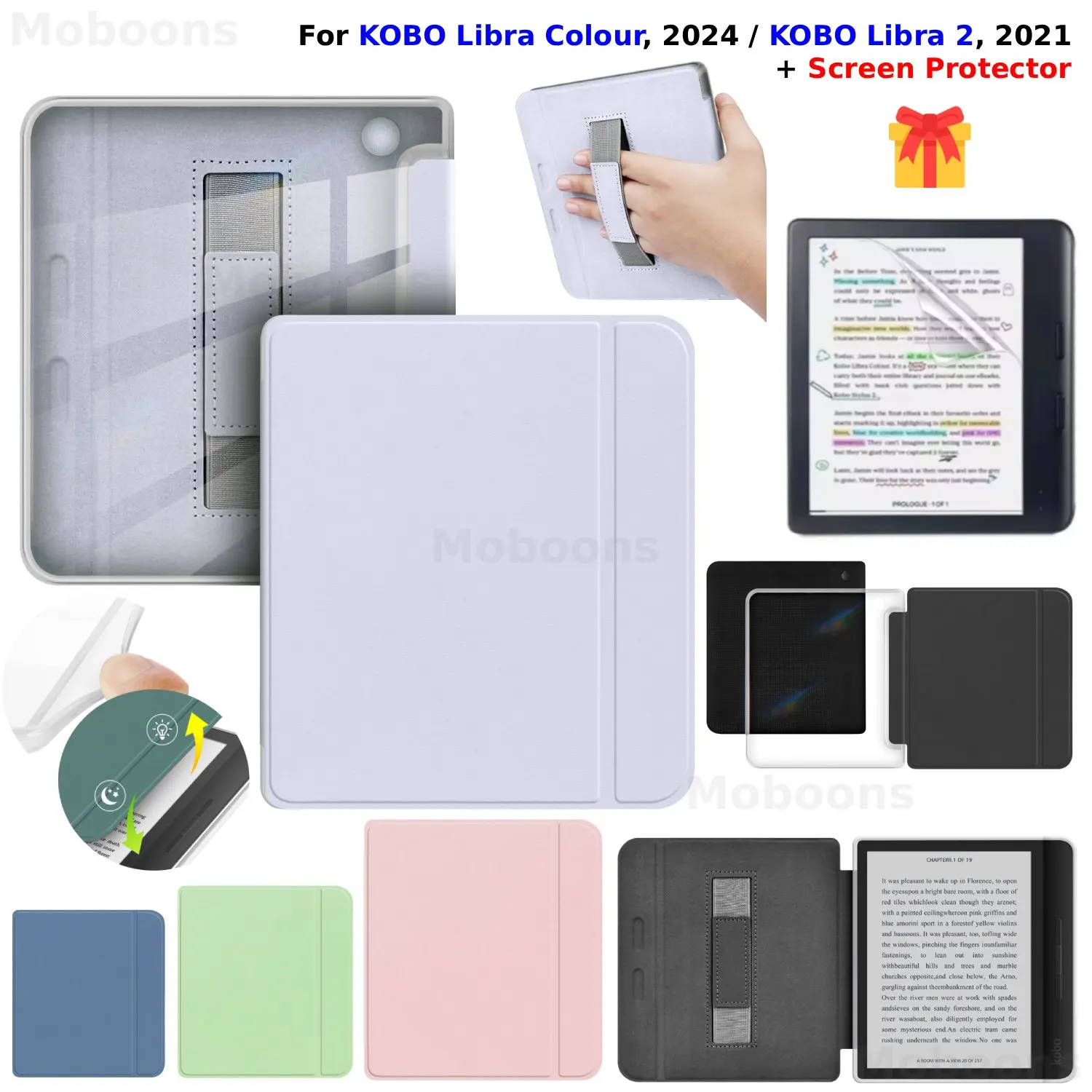 For KOBO Libra 2/Libra Colour Case with Hand Strap + Screen Protector Acrylic PU Leather Ergonomic Ebook Cover Wrist Rest Funda