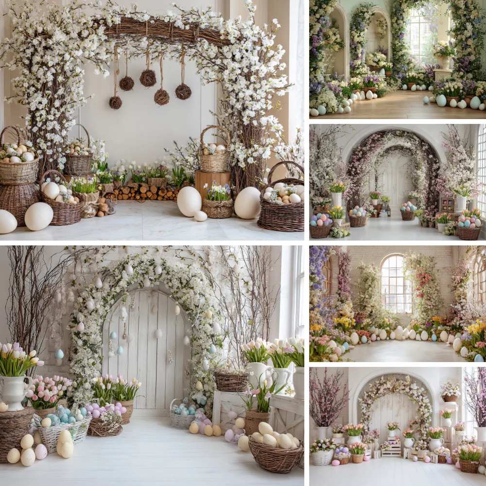 

Spring Easter Photography Background Boho Flower Arch Door Bunny Colorful Eggs Rabbit Kids Birthday Decor Backdrop Photobooth