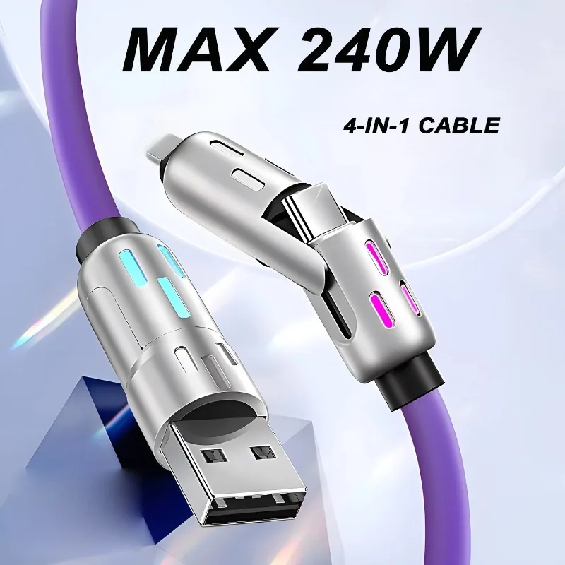 240W 4-in-1 Fast Charging Cable Multi-Functional Soft Silicone USB Data Cable for iPhone Xiaomi Samsung iPad Laptop