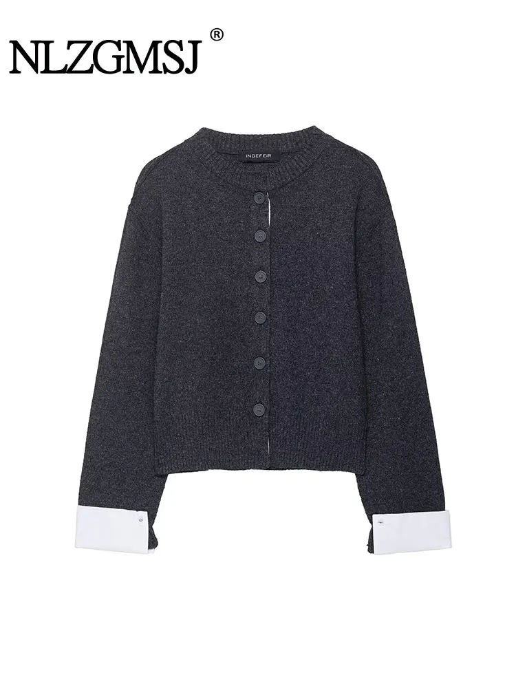 

NLZGMSJ Splicing Design Cardigan Fashion Simple Short Knitted Cardigans For Women New Long Sleeve Casual Daily Knitwear Coat