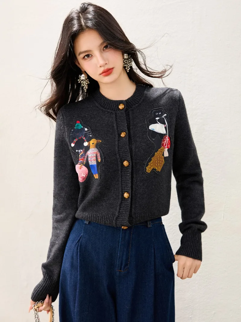 

Vintage O-neck Cartoon Pattern Spliced Knitted Cardigan Women 2025 Autumn Fashion Korean Style Single Breasted Grey Sweater Coat