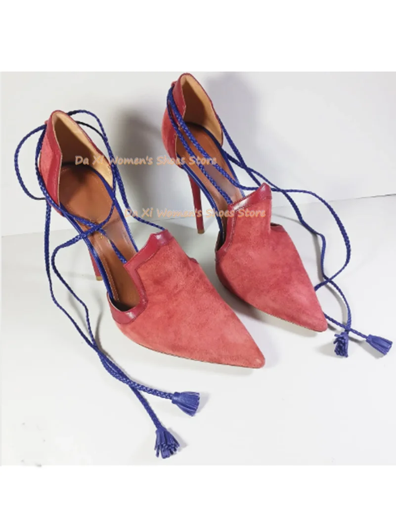 Blue And Red Color Blocking Pointed High Heel Pointed Stilettos Ankle Lace Dinner Shoe Shallow Manual Luxurious Women's Shoes view 2
