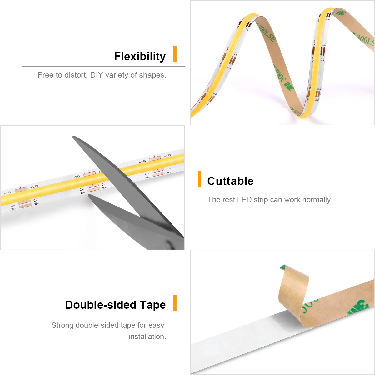 DC12V 24V CCT COB LED Strip Light 608LEDs/M Linear Dimmable LED Tape Bar 2700K To 6500K Wymienna lampa do dekoracji szafki i pokoju