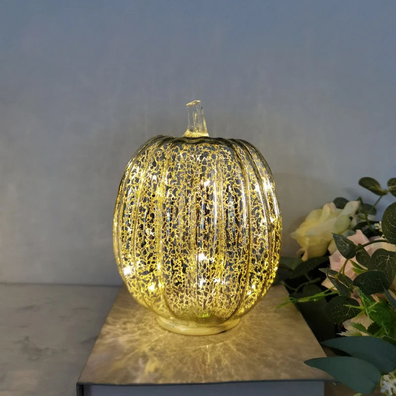 Battery Operated Halloween Pumpkin Lantern Glass Pumpkin Light Halloween Party Decoration LED Pumpkin Lamp Home Table Ornaments