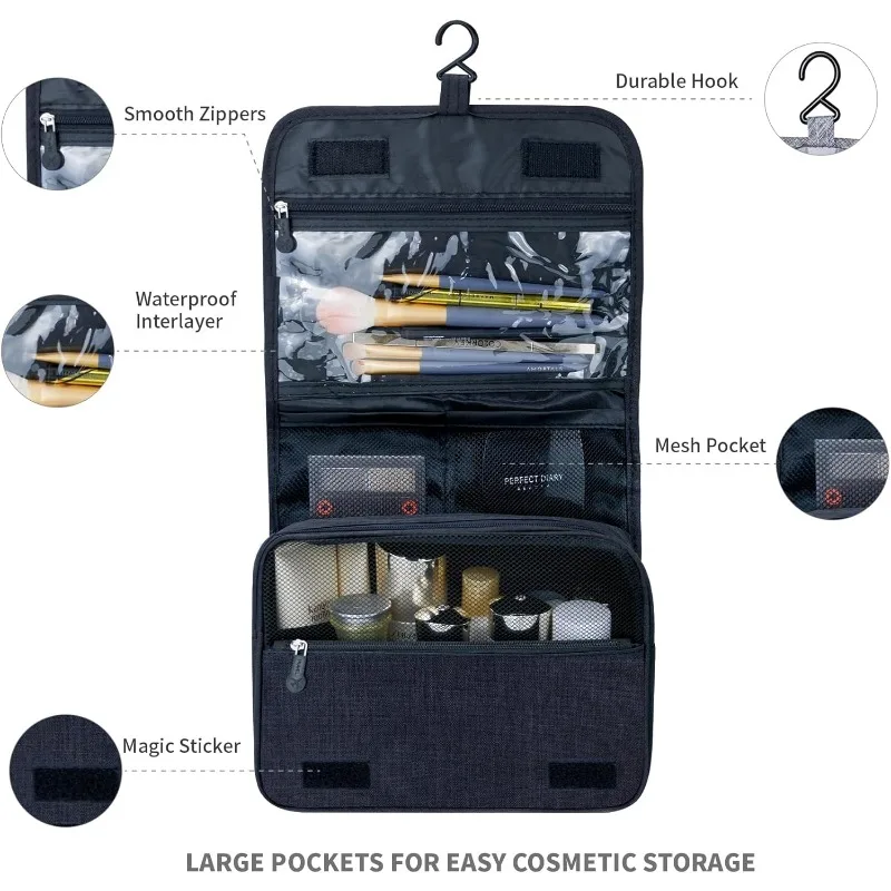 Large Capacity Hanging Toiletry Bag - Waterproof Travel Cosmetic Bag for Men/Women, Fits Shampoo, Brushes & Toiletries