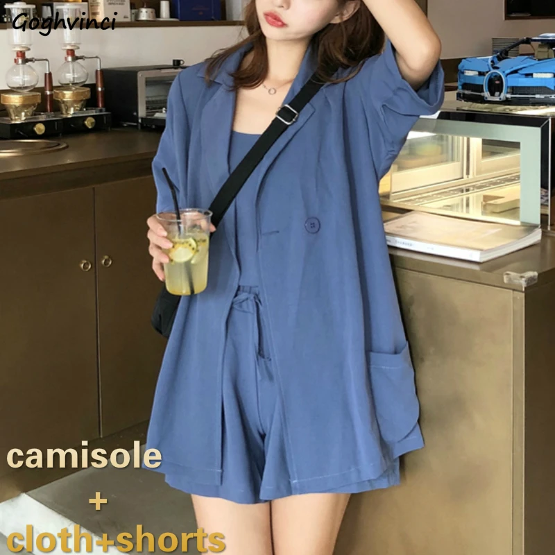 Women Sets Half Sleeve Clothes Solid Drawstring Shorts Camisole Leisure Elegant Sexy Womens 3pieces Set Korean Style OL Chic BF