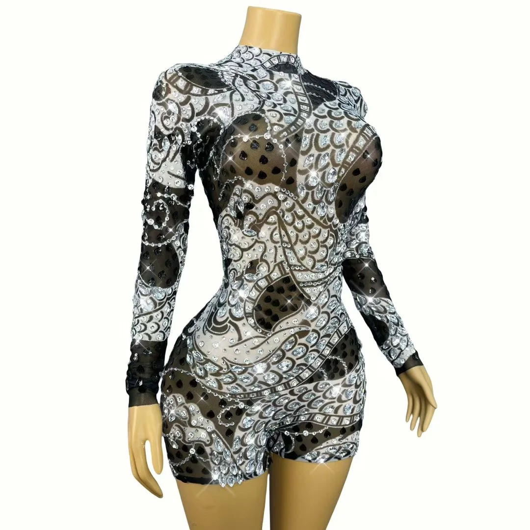 

Женские сетчатые комбинезоны со стразами и длинными рукавами для особых случаев, танцевальные костюмы, музыкальный фестиваль, вечернее клубное вечернее платье